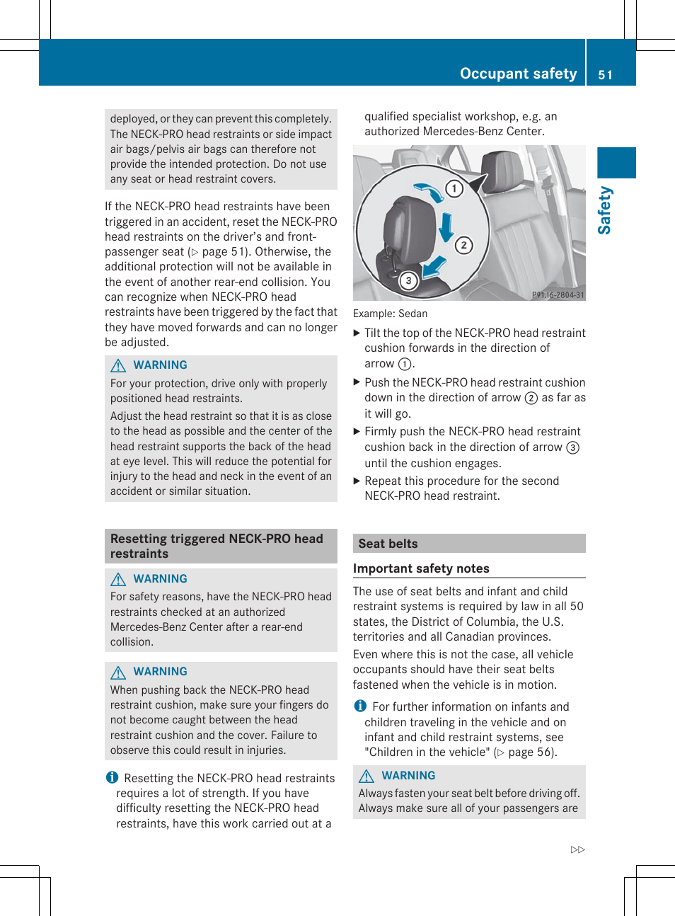 Resetting triggered neck-pro head restraints, Seat belts, Safety | Occupant safety | Mercedes-Benz E-Sedan 2012 Owners Manual User Manual | Page 53 / 396