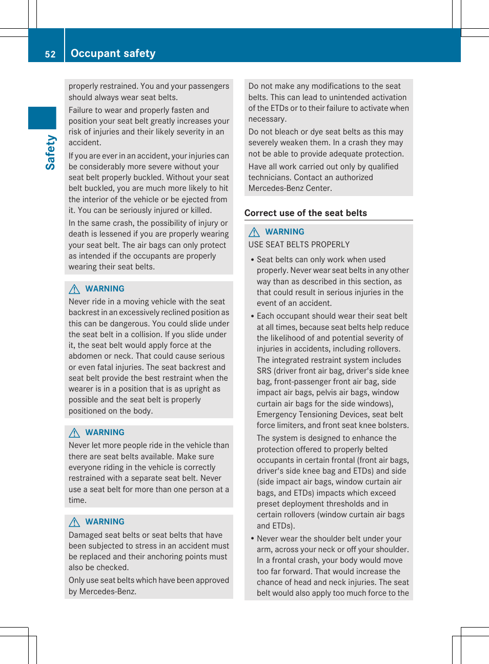 Safety, Occupant safety | Mercedes-Benz E-Sedan 2012 Owners Manual User Manual | Page 54 / 396