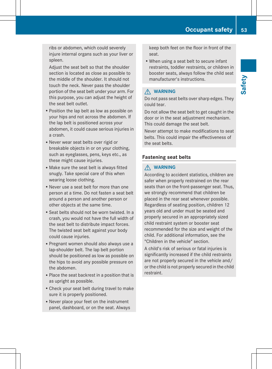 Safety, Occupant safety | Mercedes-Benz E-Sedan 2012 Owners Manual User Manual | Page 55 / 396