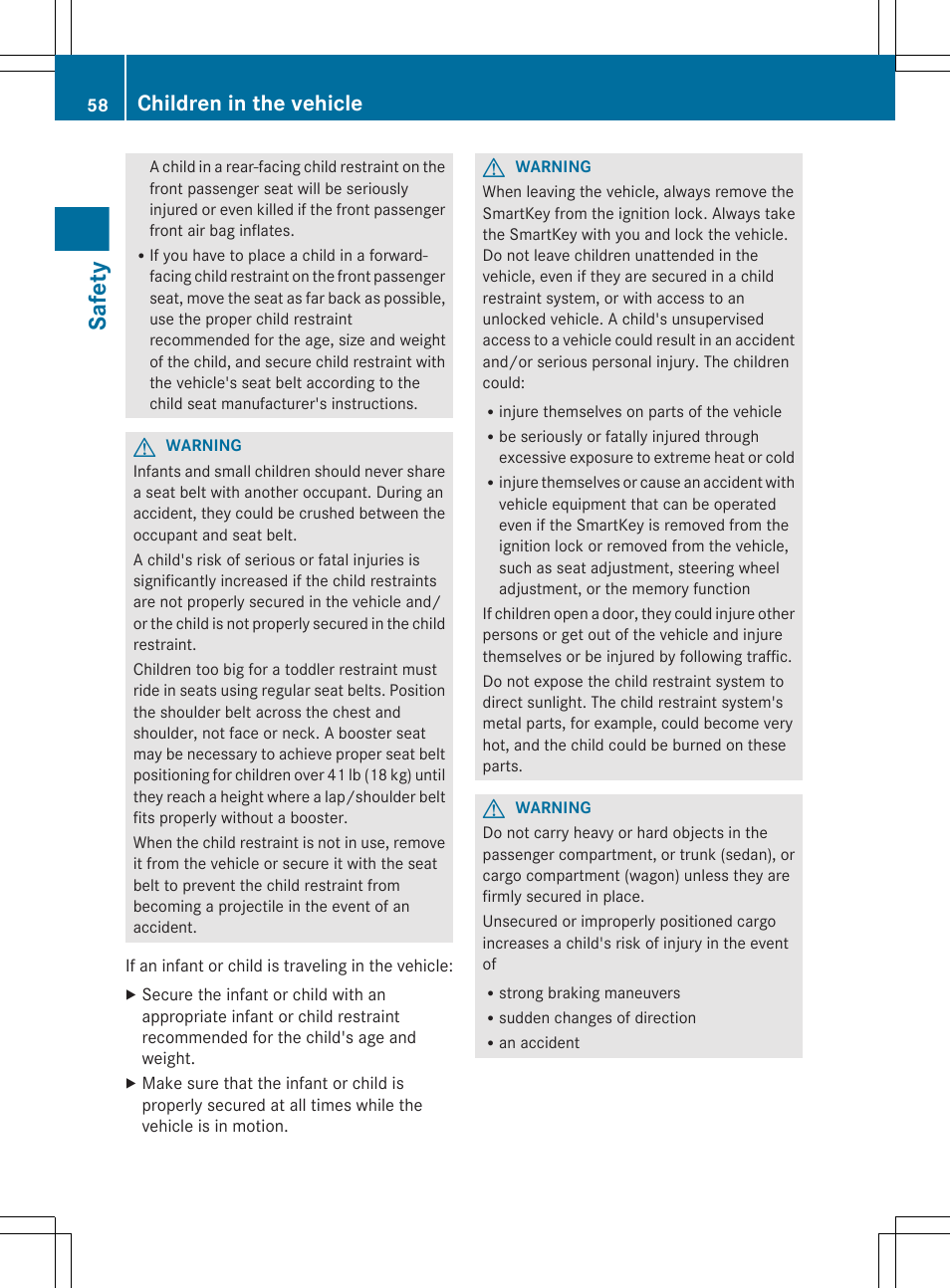 Safety, Children in the vehicle | Mercedes-Benz E-Sedan 2012 Owners Manual User Manual | Page 60 / 396