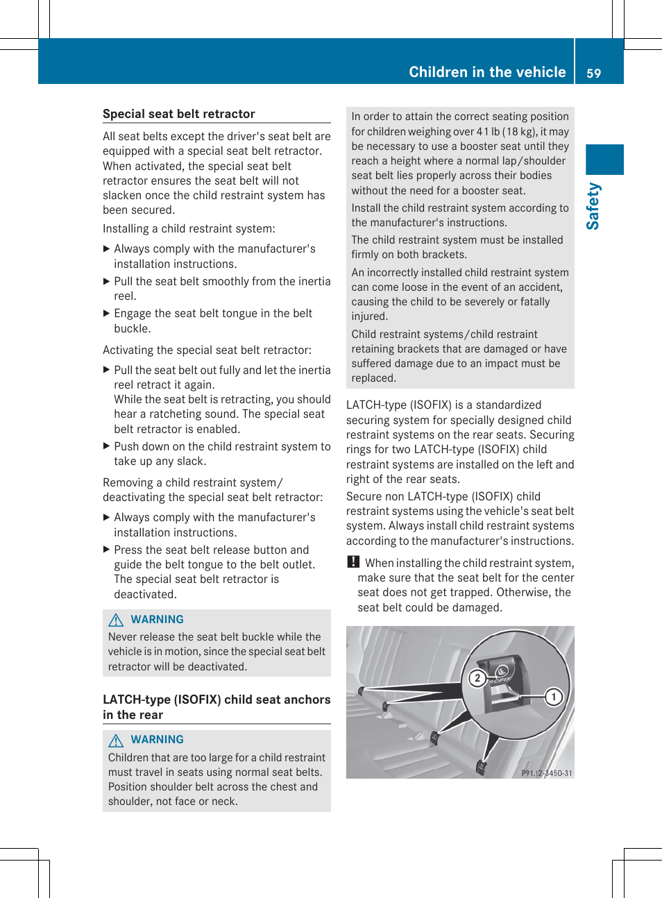 Seat belt retractors, see, Safety, Children in the vehicle | Mercedes-Benz E-Sedan 2012 Owners Manual User Manual | Page 61 / 396