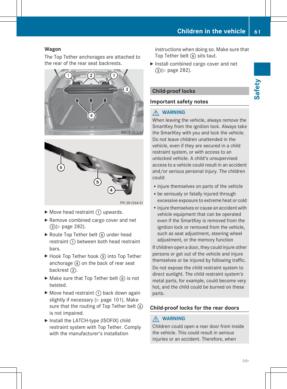 Child-proof locks, Safety, Children in the vehicle | Mercedes-Benz E-Sedan 2012 Owners Manual User Manual | Page 63 / 396