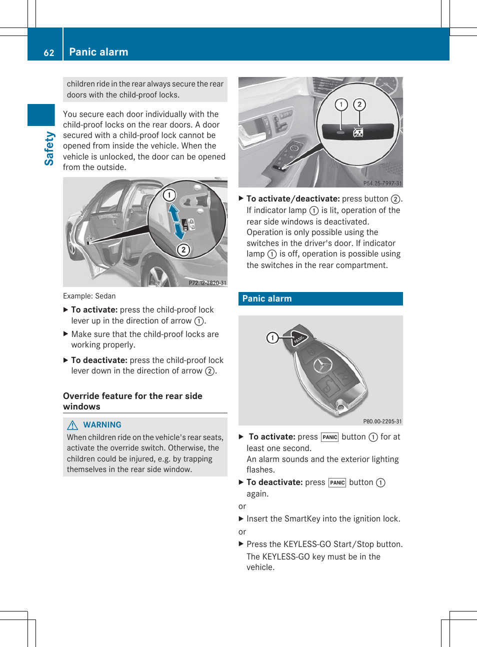 Panic alarm, Safety | Mercedes-Benz E-Sedan 2012 Owners Manual User Manual | Page 64 / 396