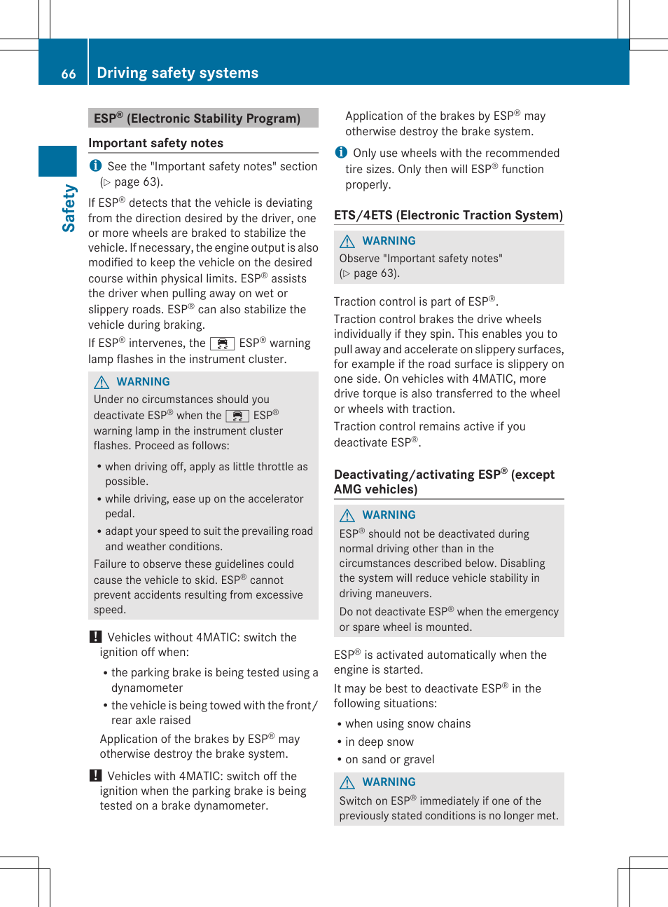 Esp® (electronic stability program), Safety, Driving safety systems | Mercedes-Benz E-Sedan 2012 Owners Manual User Manual | Page 68 / 396