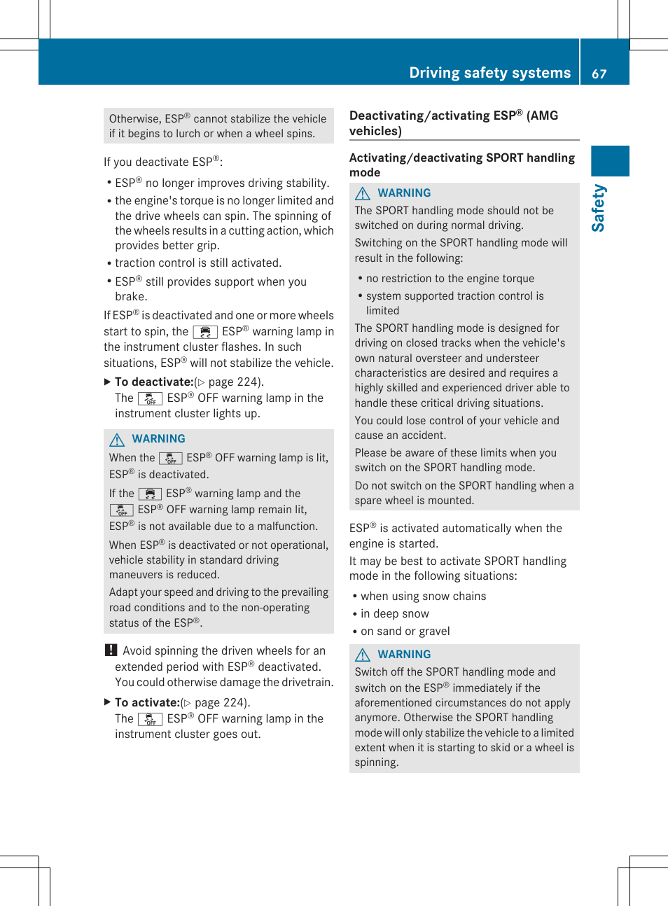 Safety, Driving safety systems | Mercedes-Benz E-Sedan 2012 Owners Manual User Manual | Page 69 / 396