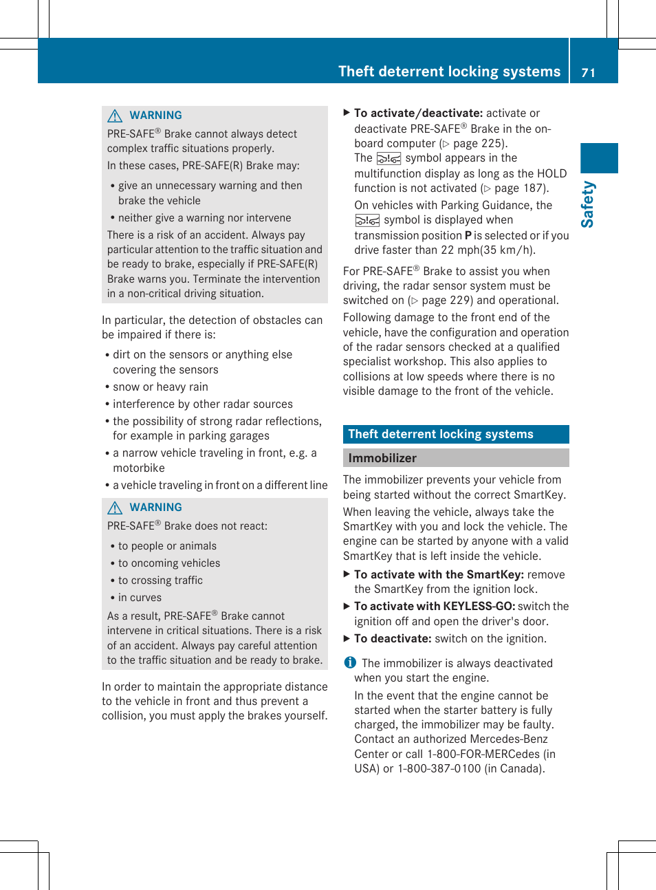 Theft deterrent locking systems, Immobilizer, Safety | Mercedes-Benz E-Sedan 2012 Owners Manual User Manual | Page 73 / 396