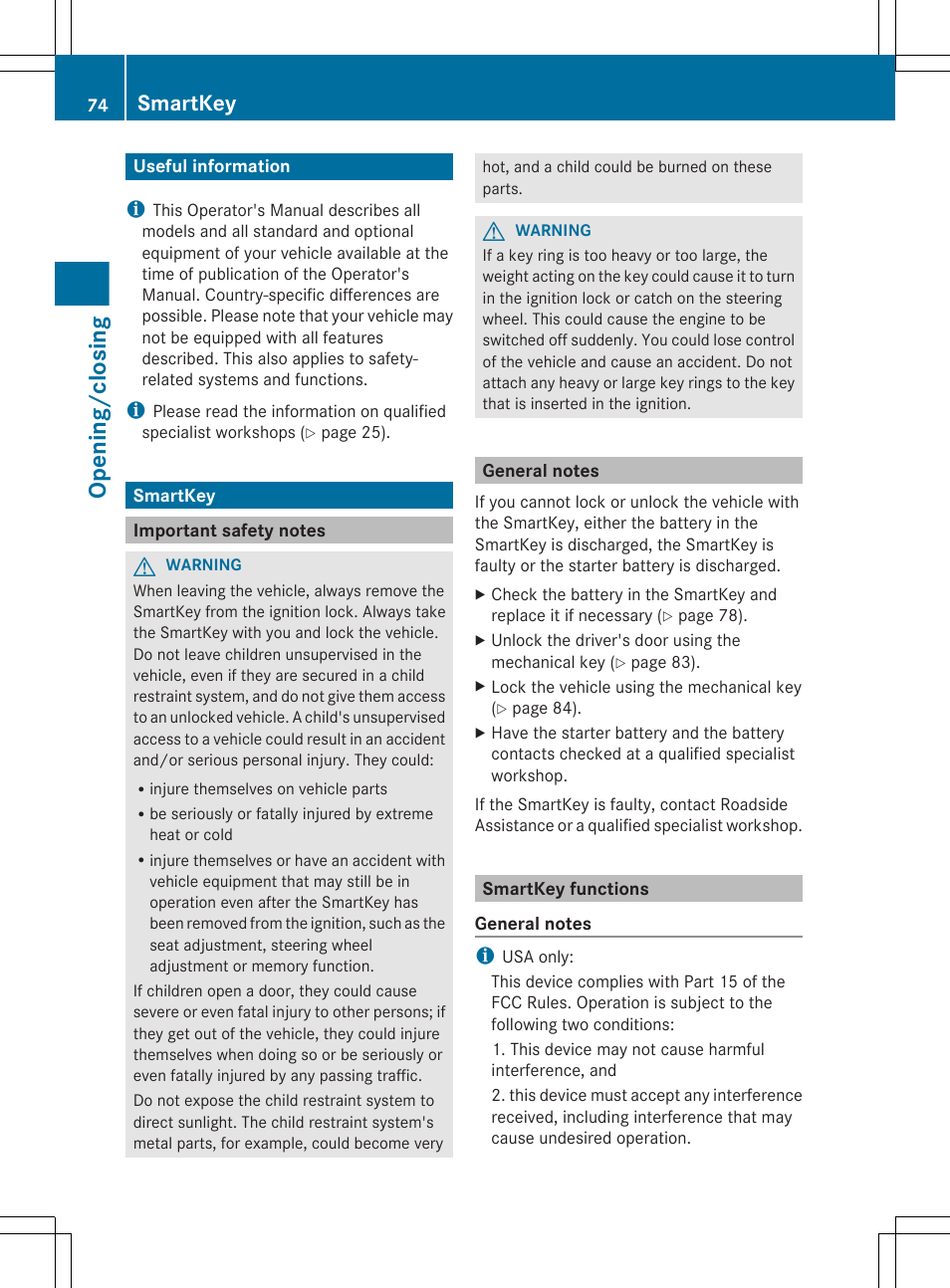 Opening/closing, Useful information, Smartkey | Important safety notes, General notes, Smartkey functions | Mercedes-Benz E-Sedan 2012 Owners Manual User Manual | Page 76 / 396