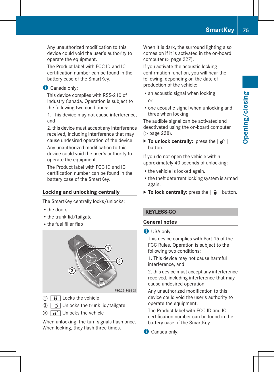 Keyless-go, Opening/closing, Smartkey | Mercedes-Benz E-Sedan 2012 Owners Manual User Manual | Page 77 / 396