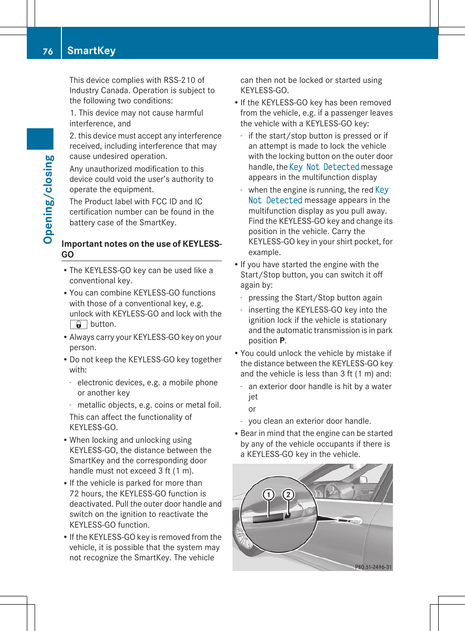 Opening/closing, Smartkey | Mercedes-Benz E-Sedan 2012 Owners Manual User Manual | Page 78 / 396