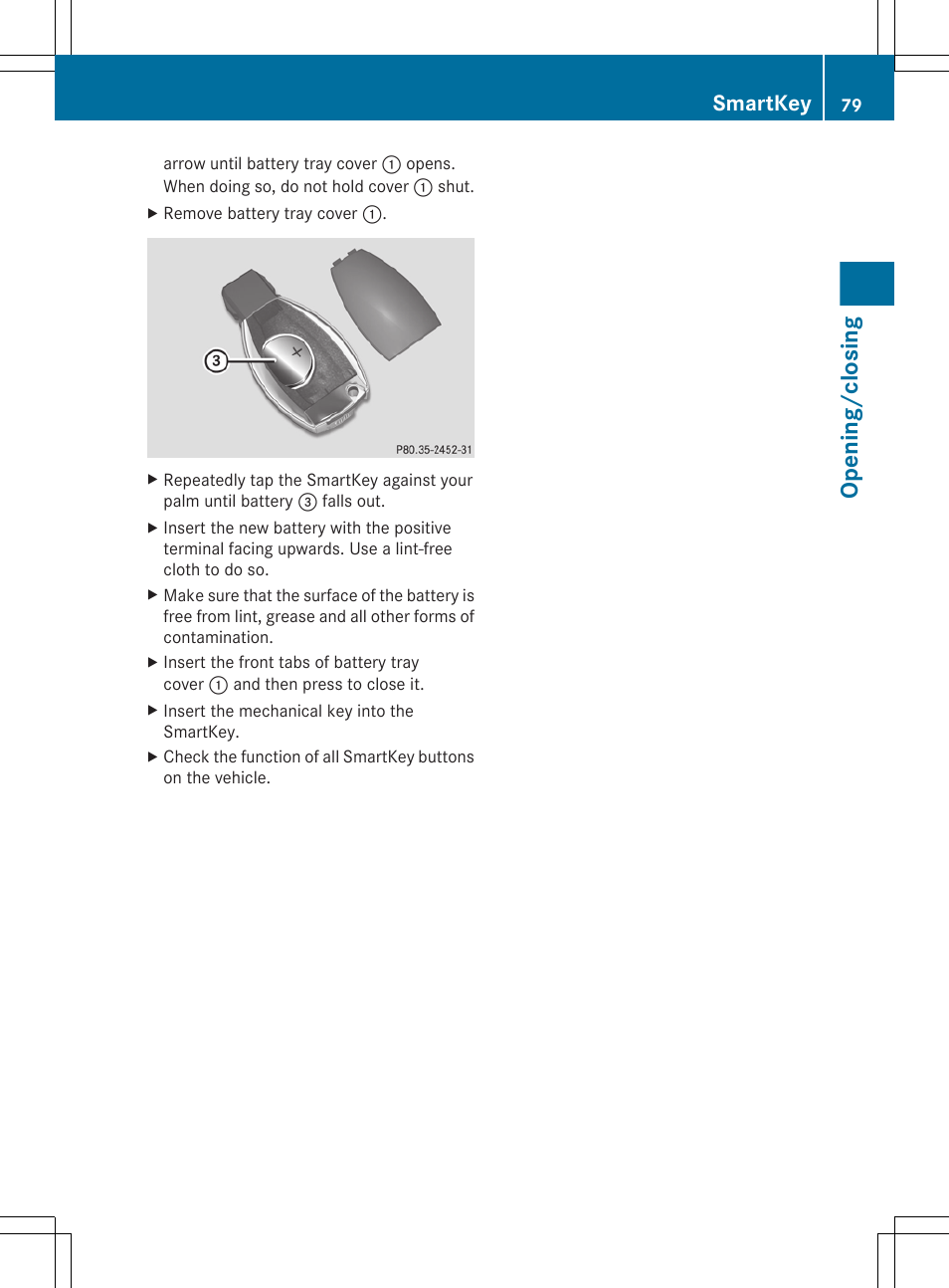 Opening/closing, Smartkey | Mercedes-Benz E-Sedan 2012 Owners Manual User Manual | Page 81 / 396