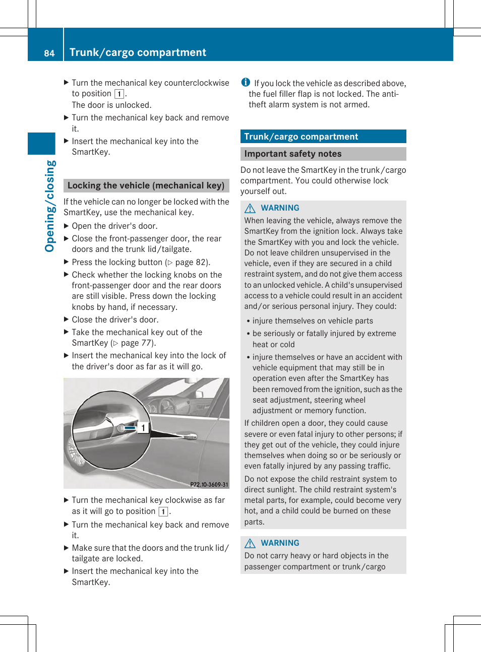 Locking the vehicle (mechanical key), Trunk/cargo compartment, Important safety notes | Opening/closing | Mercedes-Benz E-Sedan 2012 Owners Manual User Manual | Page 86 / 396