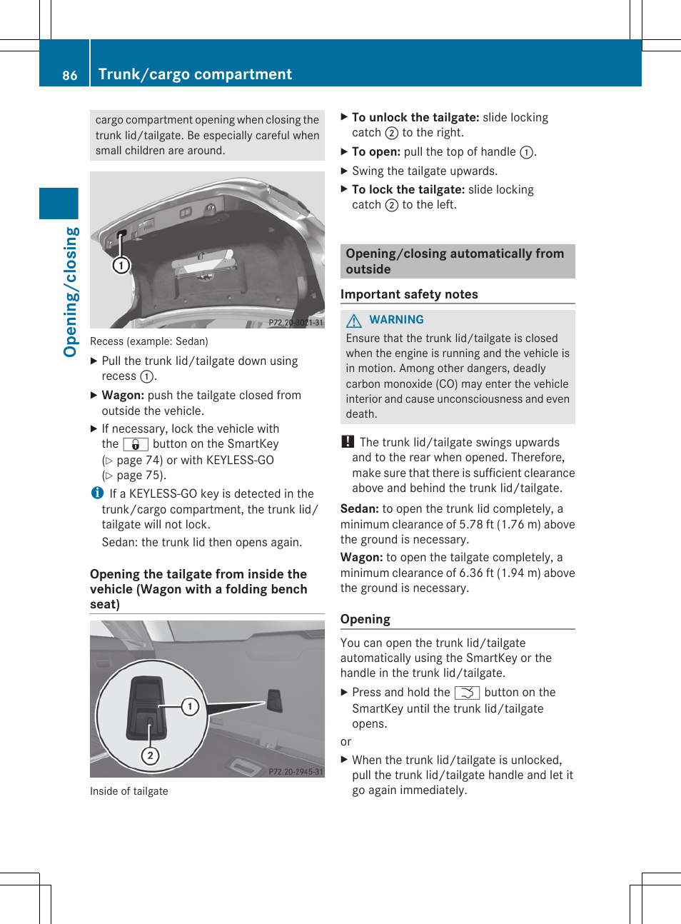 Opening/closing automatically from outside, Opening/closing, Trunk/cargo compartment | Mercedes-Benz E-Sedan 2012 Owners Manual User Manual | Page 88 / 396