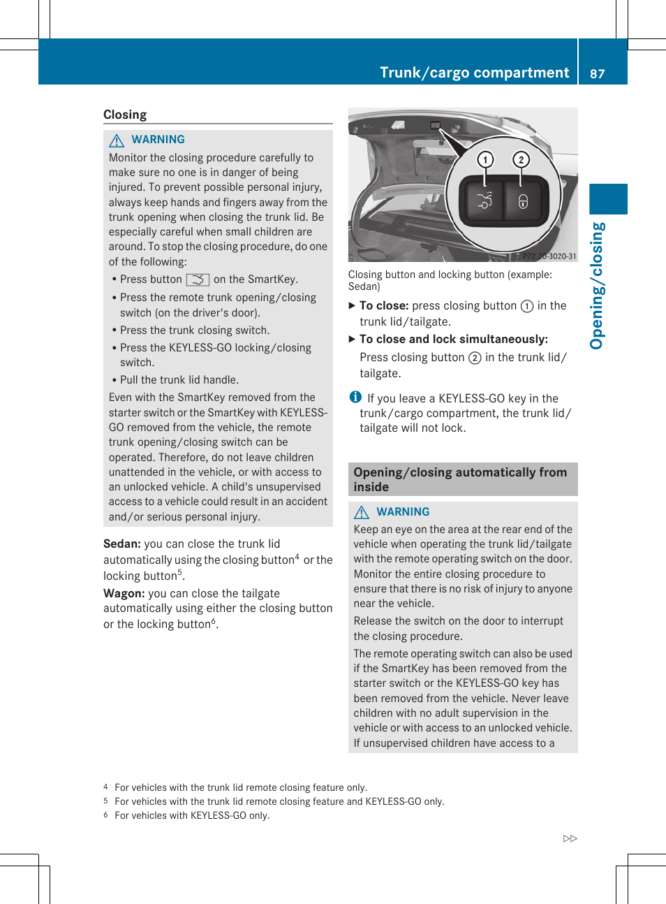 Opening/closing automatically from inside, Opening/closing, Trunk/cargo compartment | Mercedes-Benz E-Sedan 2012 Owners Manual User Manual | Page 89 / 396