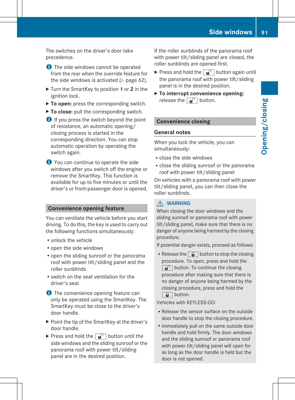 Convenience opening feature, Convenience closing, Opening/closing | Side windows | Mercedes-Benz E-Sedan 2012 Owners Manual User Manual | Page 93 / 396