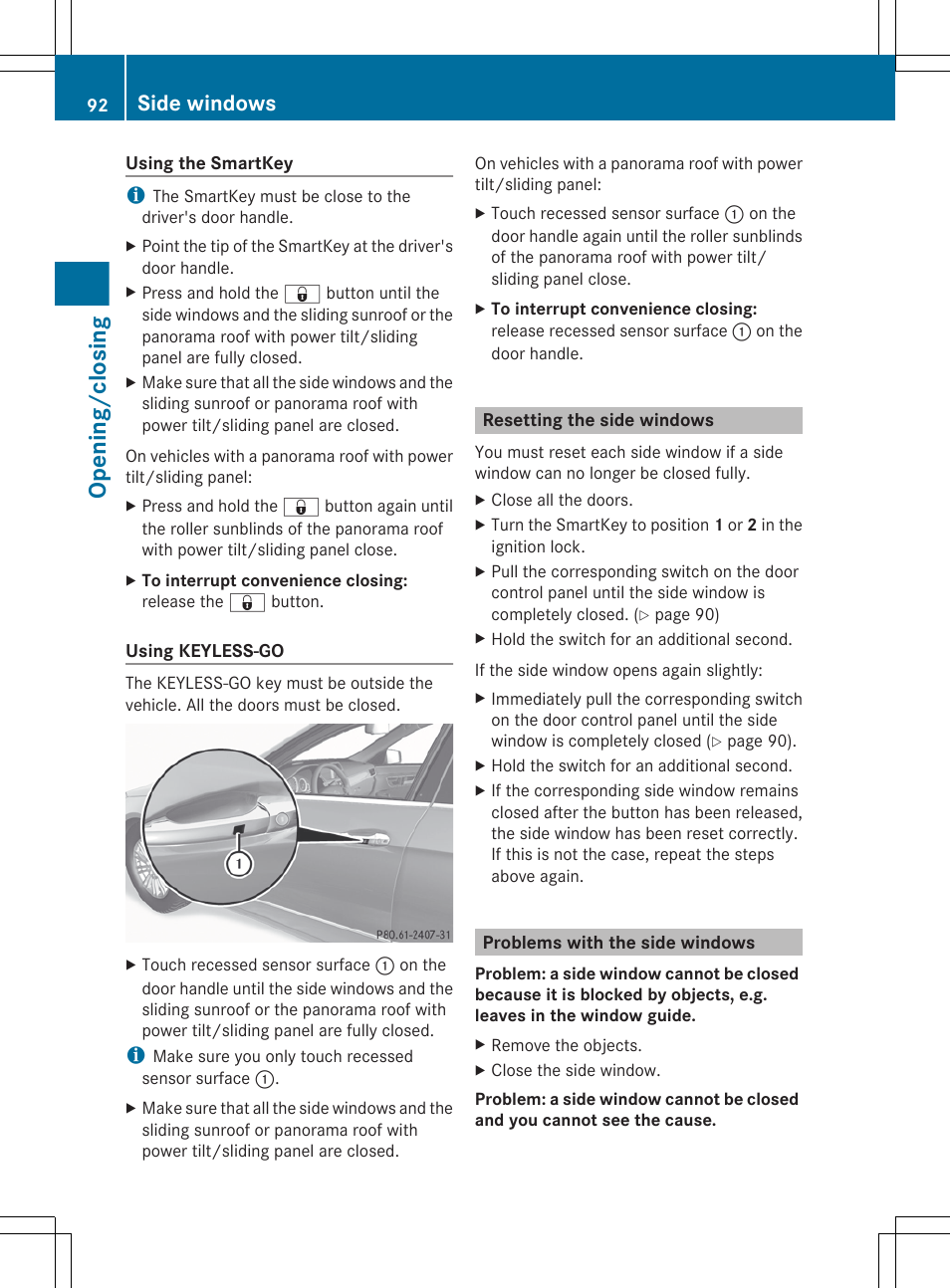 Resetting the side windows, Problems with the side windows, Extended period | Opening/closing, Side windows | Mercedes-Benz E-Sedan 2012 Owners Manual User Manual | Page 94 / 396