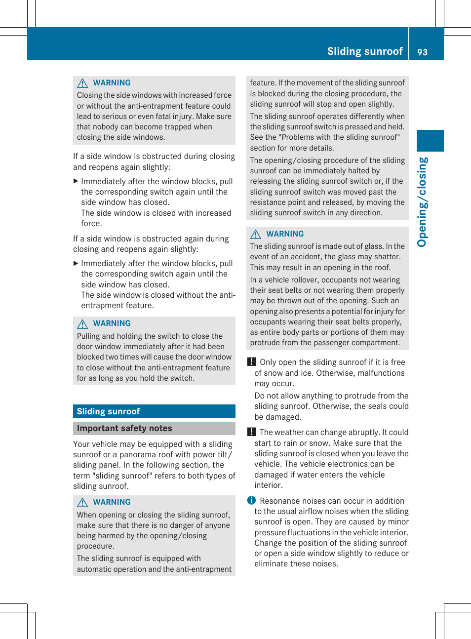 Sliding sunroof, Important safety notes, Opening/closing | Mercedes-Benz E-Sedan 2012 Owners Manual User Manual | Page 95 / 396