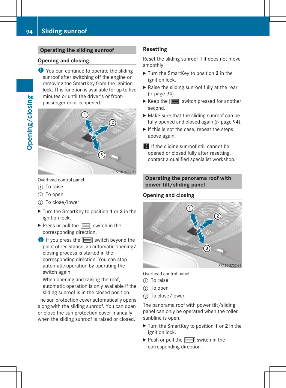 Operating the sliding sunroof, Opening/closing, Sliding sunroof | Mercedes-Benz E-Sedan 2012 Owners Manual User Manual | Page 96 / 396