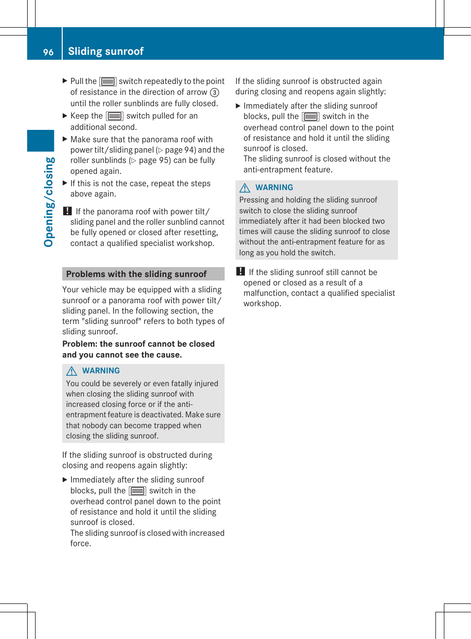 Problems with the sliding sunroof, Opening/closing, Sliding sunroof | Mercedes-Benz E-Sedan 2012 Owners Manual User Manual | Page 98 / 396