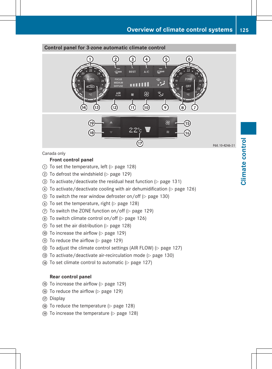 Control panel for 3-zone automatic climate control, Climate control, Overview of climate control systems | Mercedes-Benz C-Sedan 2012 Owners Manual User Manual | Page 127 / 356