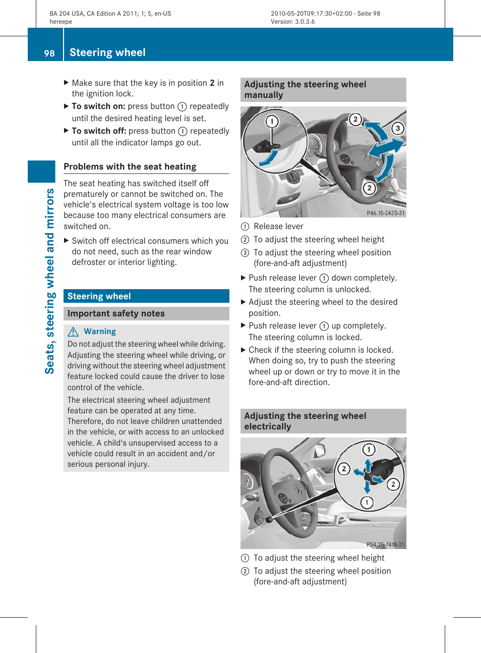 Steering wheel, Important safety notes, Adjusting the steering wheel manually | Adjusting the steering wheel electrically, Seats, steering wheel and mirrors | Mercedes-Benz C-Class 2011 Owners Manual User Manual | Page 100 / 320