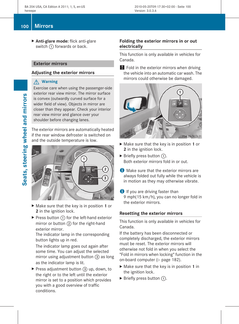 Exterior mirrors, Seats, steering wheel and mirrors, Mirrors | Mercedes-Benz C-Class 2011 Owners Manual User Manual | Page 102 / 320
