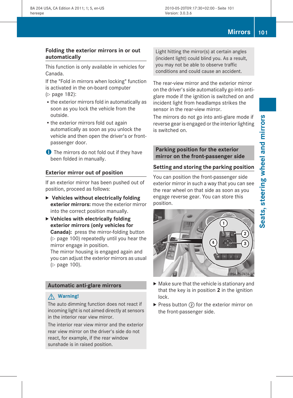 Automatic anti-glare mirrors, Seats, steering wheel and mirrors, Mirrors | Mercedes-Benz C-Class 2011 Owners Manual User Manual | Page 103 / 320