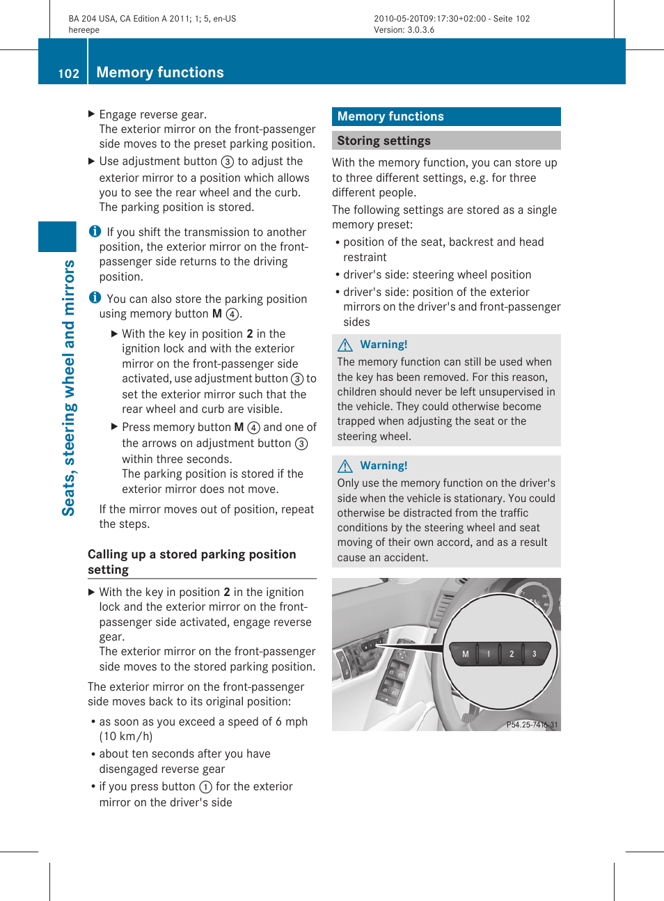 Memory functions, Storing settings, Settings | Function, Seats, steering wheel and mirrors | Mercedes-Benz C-Class 2011 Owners Manual User Manual | Page 104 / 320