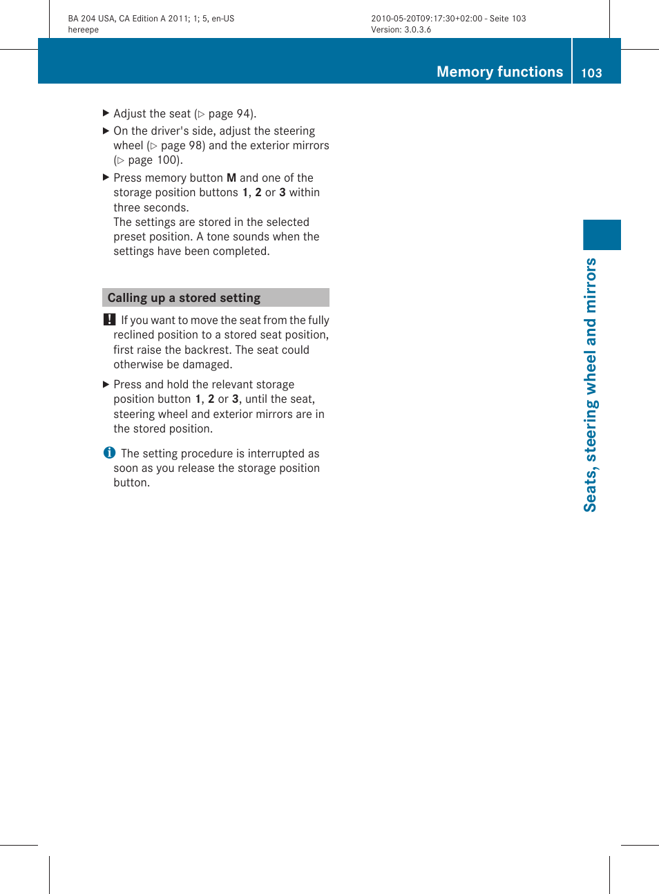 Calling up a stored setting, Seats, steering wheel and mirrors | Mercedes-Benz C-Class 2011 Owners Manual User Manual | Page 105 / 320
