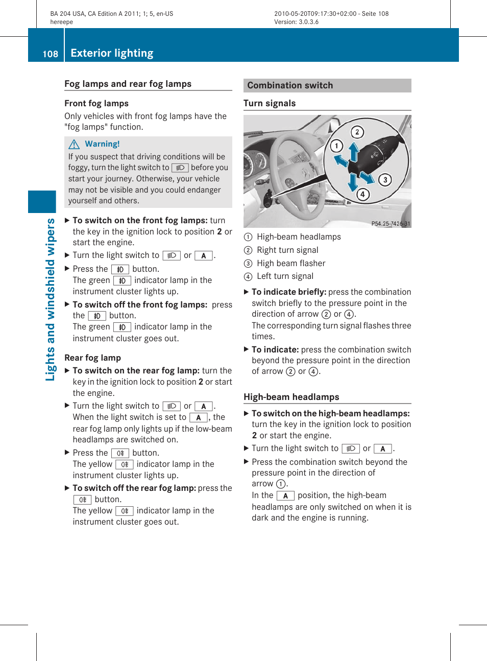 Combination switch, Lights and windshield wipers, Exterior lighting | Mercedes-Benz C-Class 2011 Owners Manual User Manual | Page 110 / 320