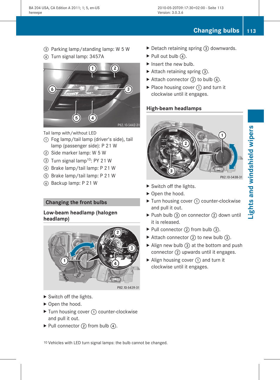 Changing the front bulbs, Lights and windshield wipers, Changing bulbs | Mercedes-Benz C-Class 2011 Owners Manual User Manual | Page 115 / 320