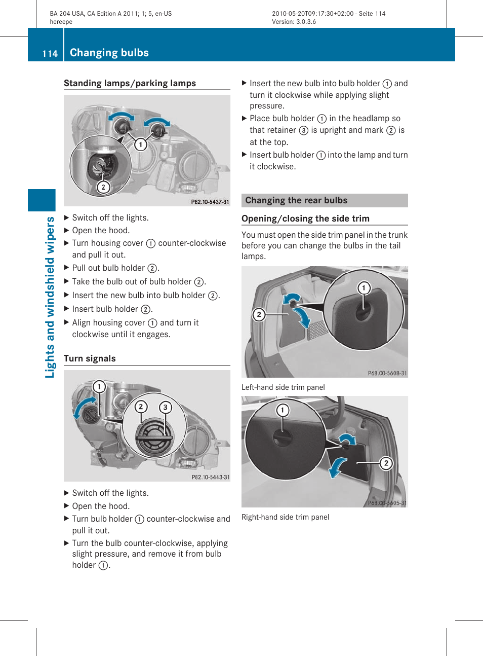 Changing the rear bulbs, Lights and windshield wipers, Changing bulbs | Mercedes-Benz C-Class 2011 Owners Manual User Manual | Page 116 / 320
