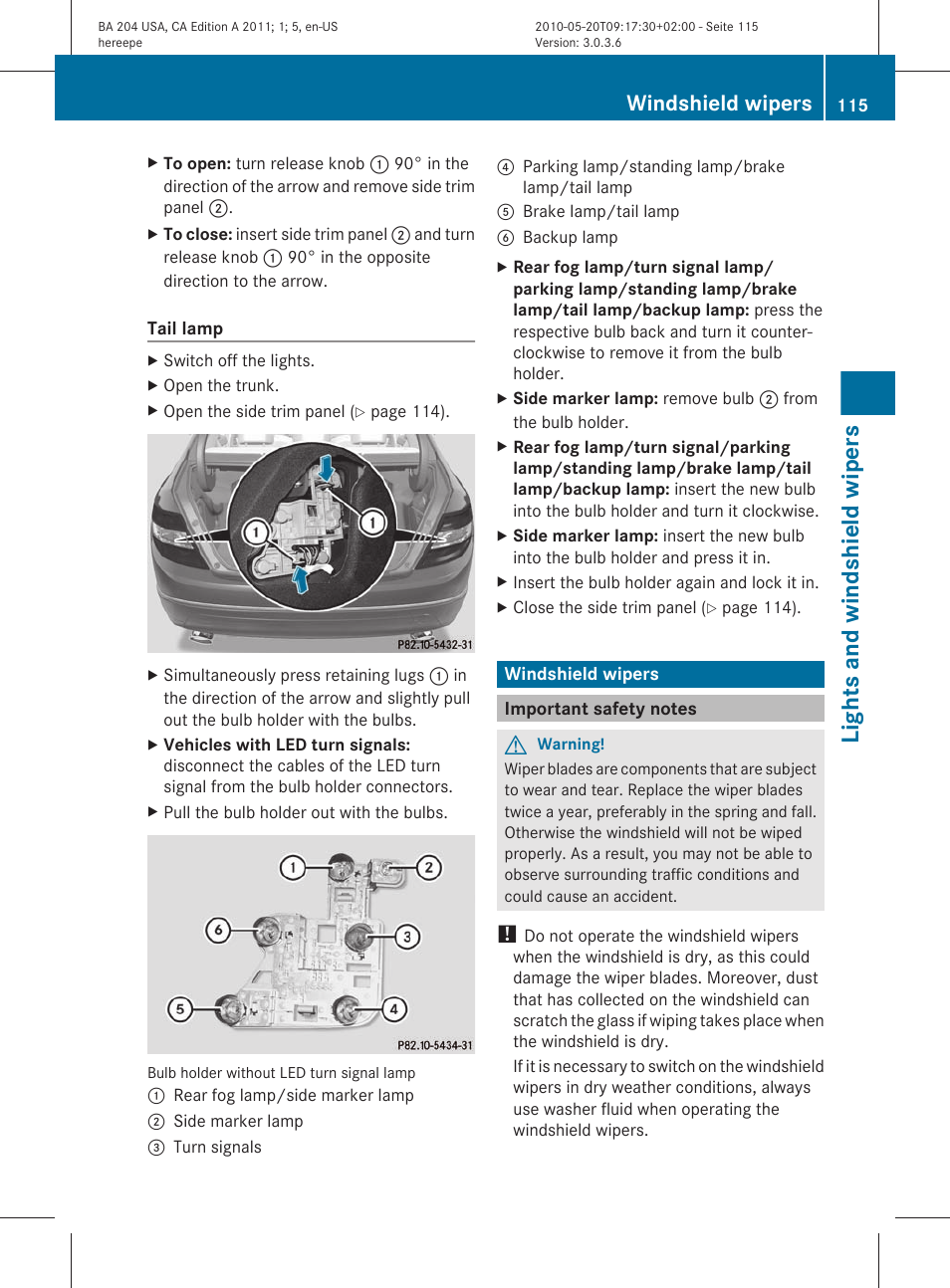 Windshield wipers, Important safety notes, Lights and windshield wipers | Mercedes-Benz C-Class 2011 Owners Manual User Manual | Page 117 / 320