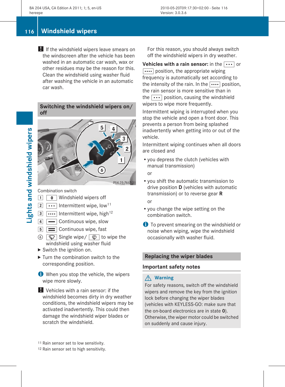 Switching the windshield wipers on/off, Replacing the wiper blades, Lights and windshield wipers | Windshield wipers | Mercedes-Benz C-Class 2011 Owners Manual User Manual | Page 118 / 320
