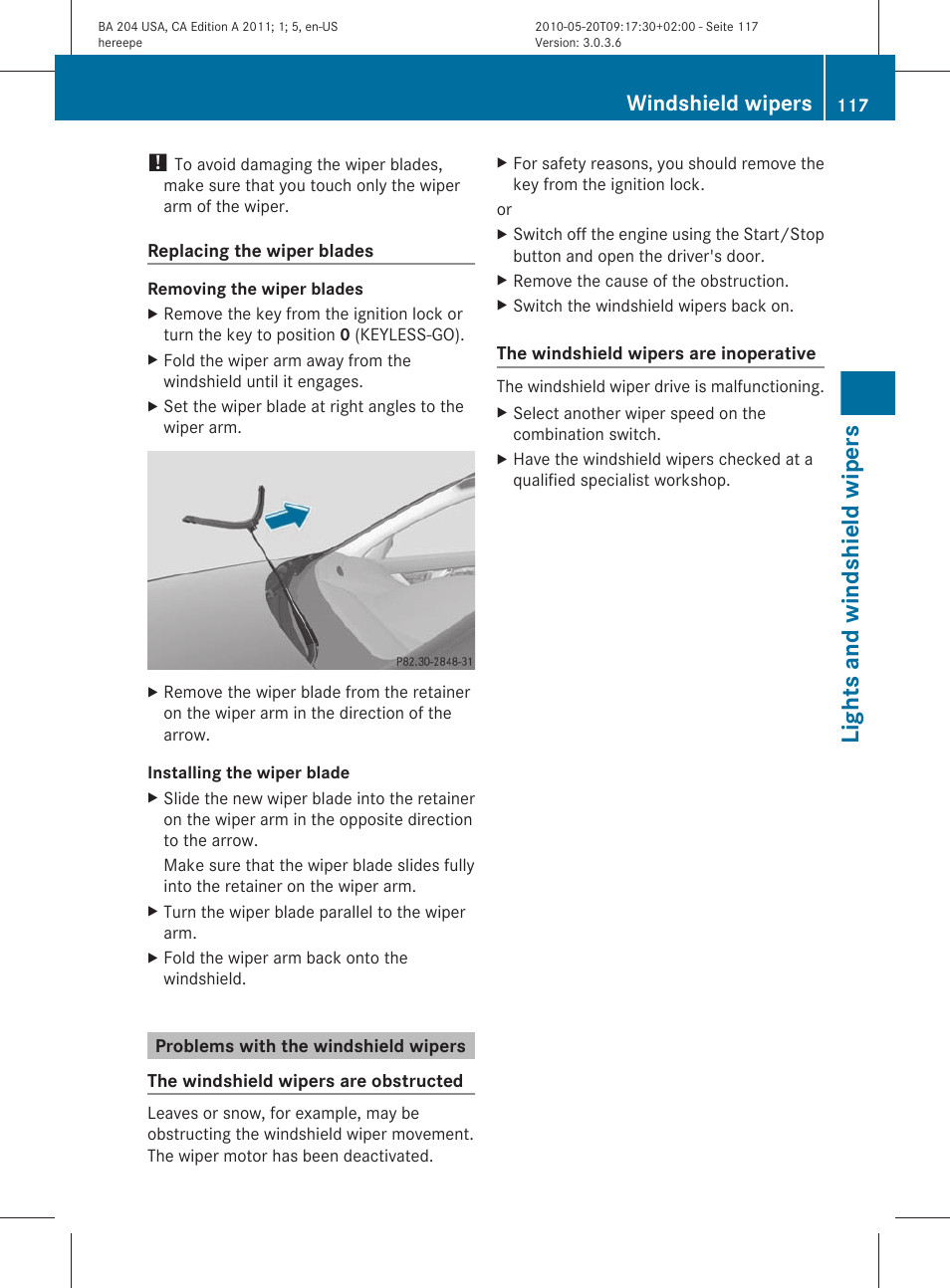 Problems with the windshield wipers, Lights and windshield wipers, Windshield wipers | Mercedes-Benz C-Class 2011 Owners Manual User Manual | Page 119 / 320