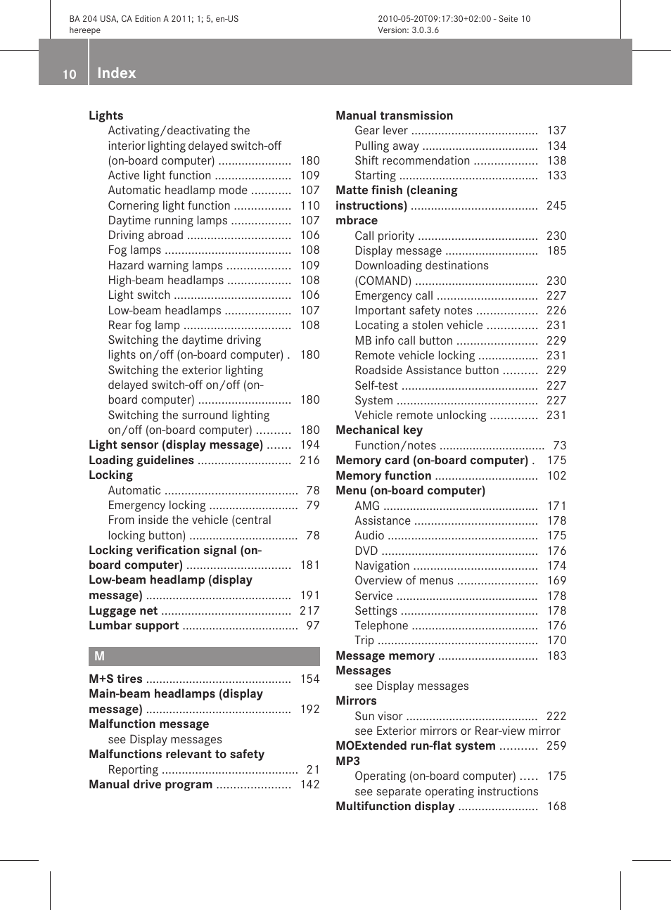 Index | Mercedes-Benz C-Class 2011 Owners Manual User Manual | Page 12 / 320