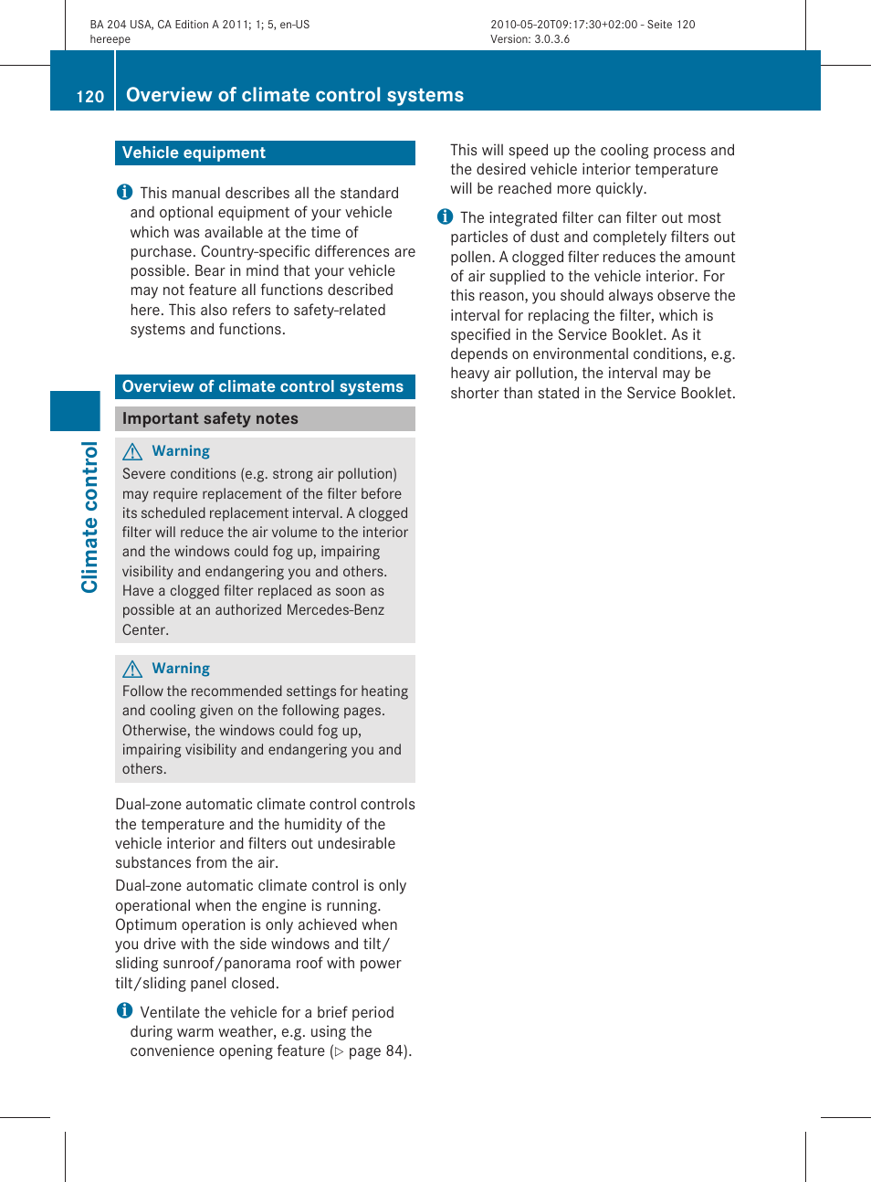 Climate control, Vehicle equipment, Overview of climate control systems | Important safety notes | Mercedes-Benz C-Class 2011 Owners Manual User Manual | Page 122 / 320