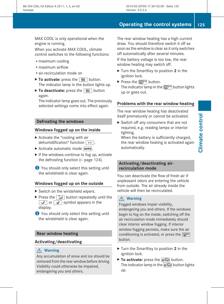 Defrosting the windows, Rear window heating, Activating/deactivating air-recirculation mode | Climate control, Operating the control systems | Mercedes-Benz C-Class 2011 Owners Manual User Manual | Page 127 / 320
