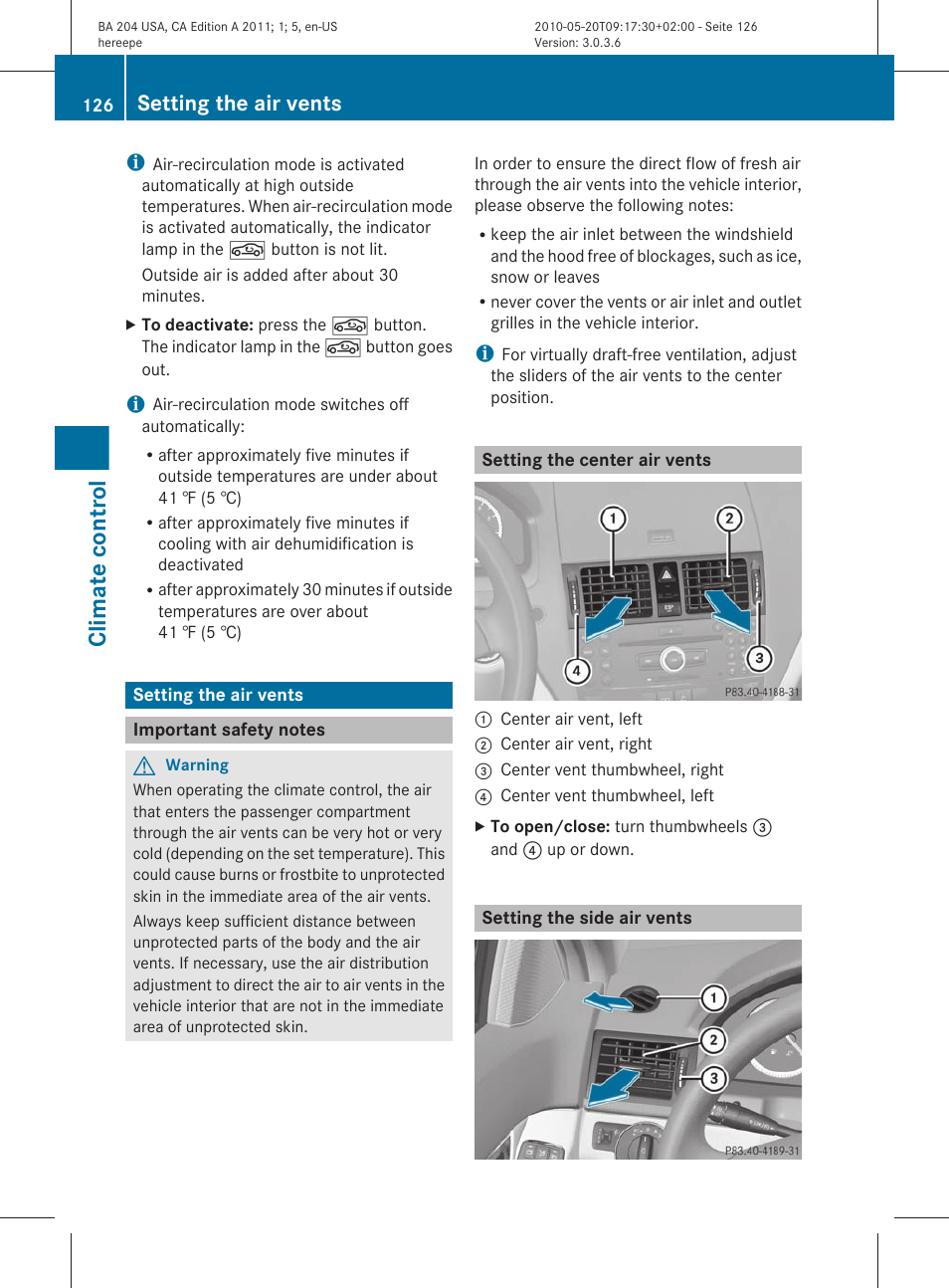 Setting the air vents, Important safety notes, Setting the center air vents | Setting the side air vents, Climate control | Mercedes-Benz C-Class 2011 Owners Manual User Manual | Page 128 / 320