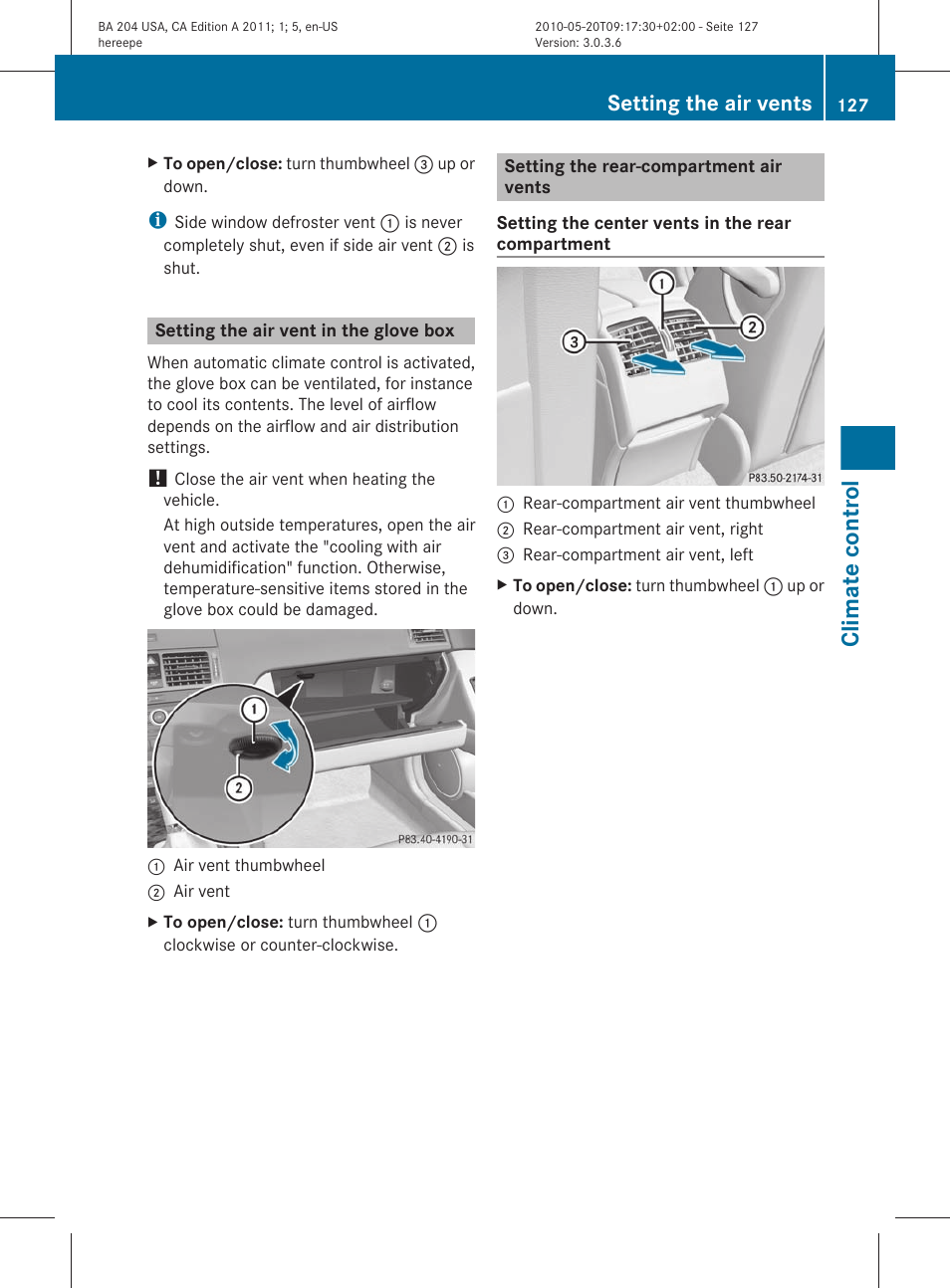 Setting the air vent in the glove box, Setting the rear-compartment air vents, Climate control | Setting the air vents | Mercedes-Benz C-Class 2011 Owners Manual User Manual | Page 129 / 320