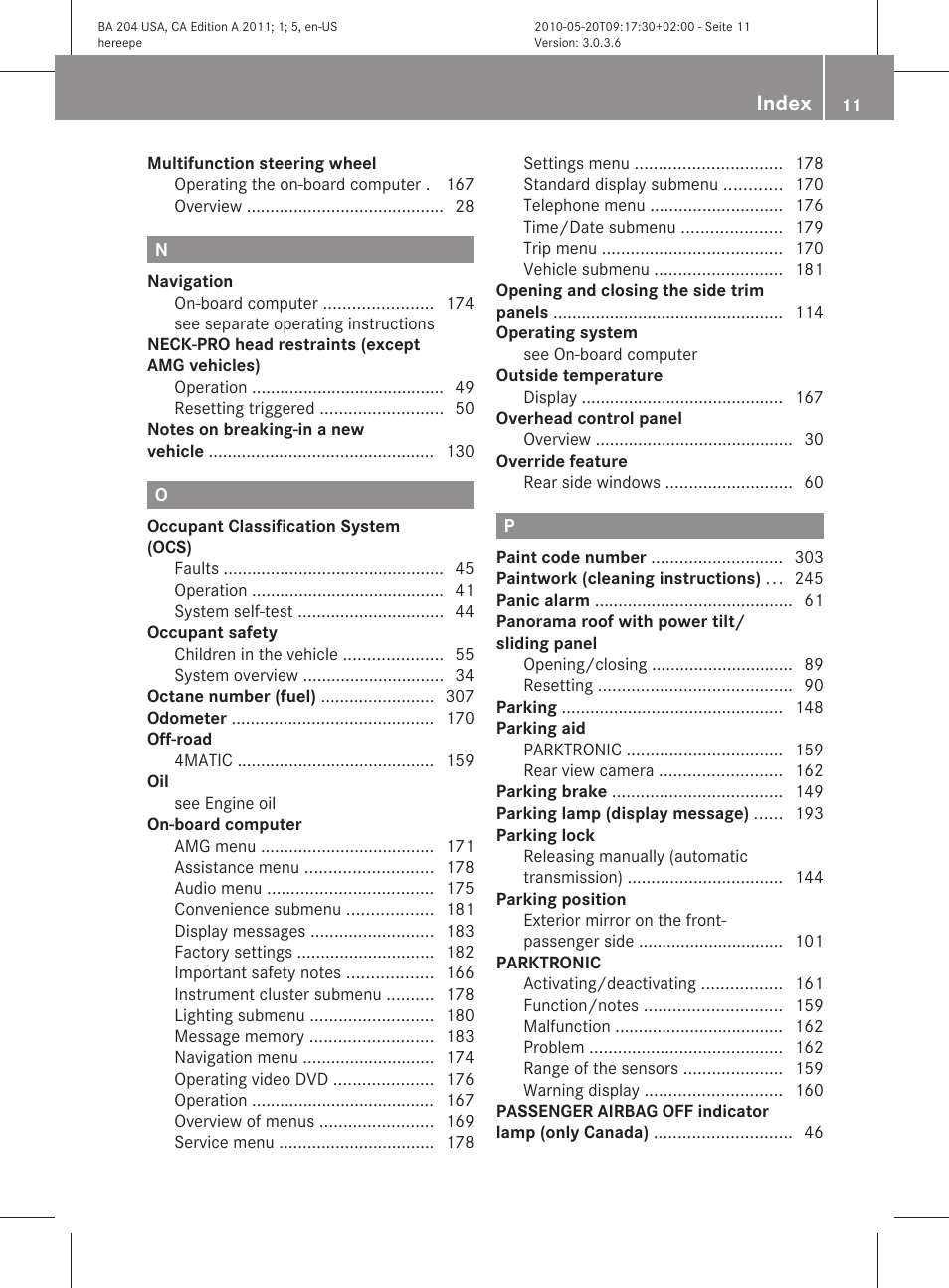 Index | Mercedes-Benz C-Class 2011 Owners Manual User Manual | Page 13 / 320