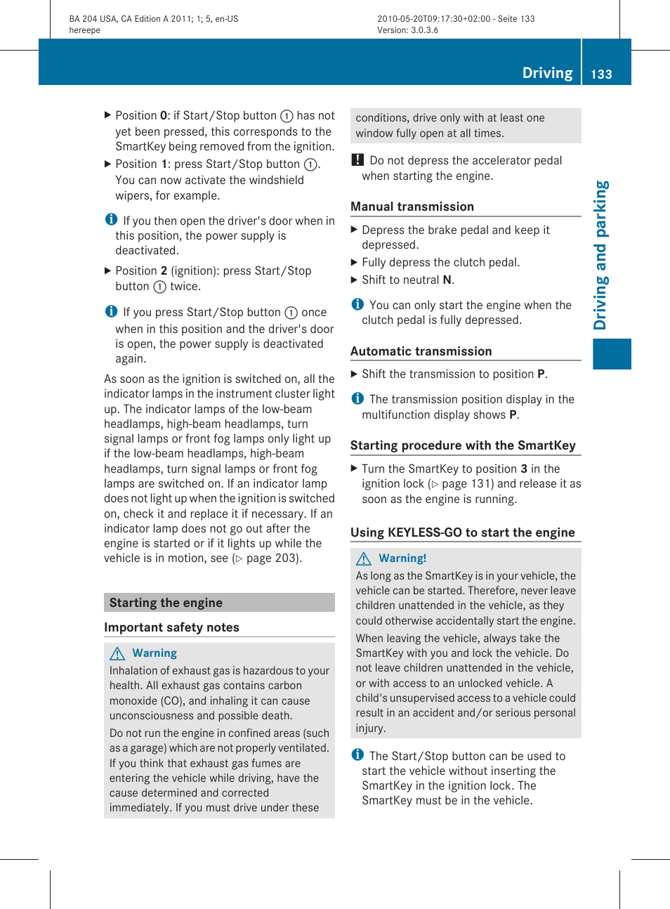 Starting the engine, Driving and parking, Driving | Mercedes-Benz C-Class 2011 Owners Manual User Manual | Page 135 / 320