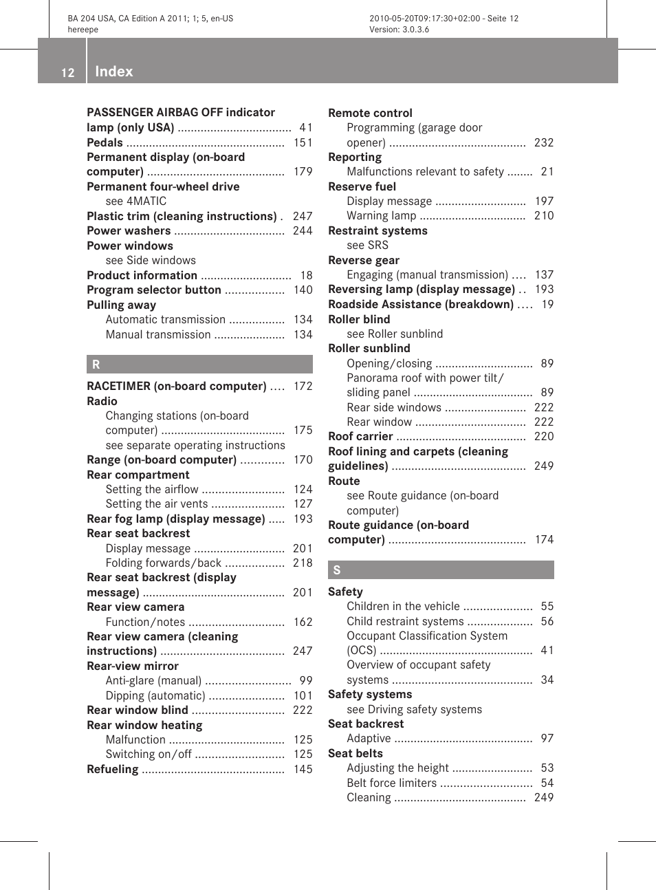 Index | Mercedes-Benz C-Class 2011 Owners Manual User Manual | Page 14 / 320