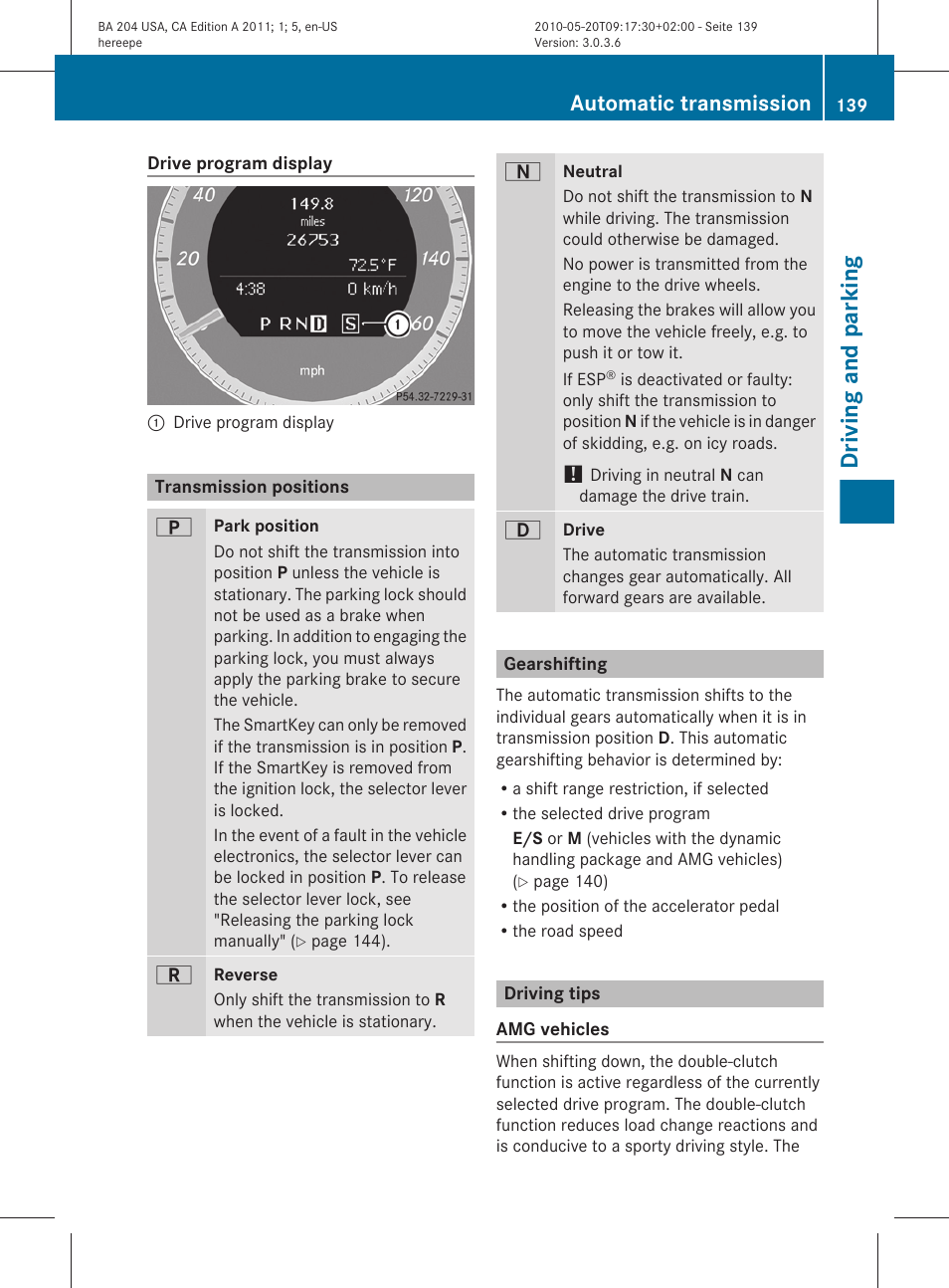 Transmission positions, Gearshifting, Driving tips | Driving and parking, Automatic transmission | Mercedes-Benz C-Class 2011 Owners Manual User Manual | Page 141 / 320