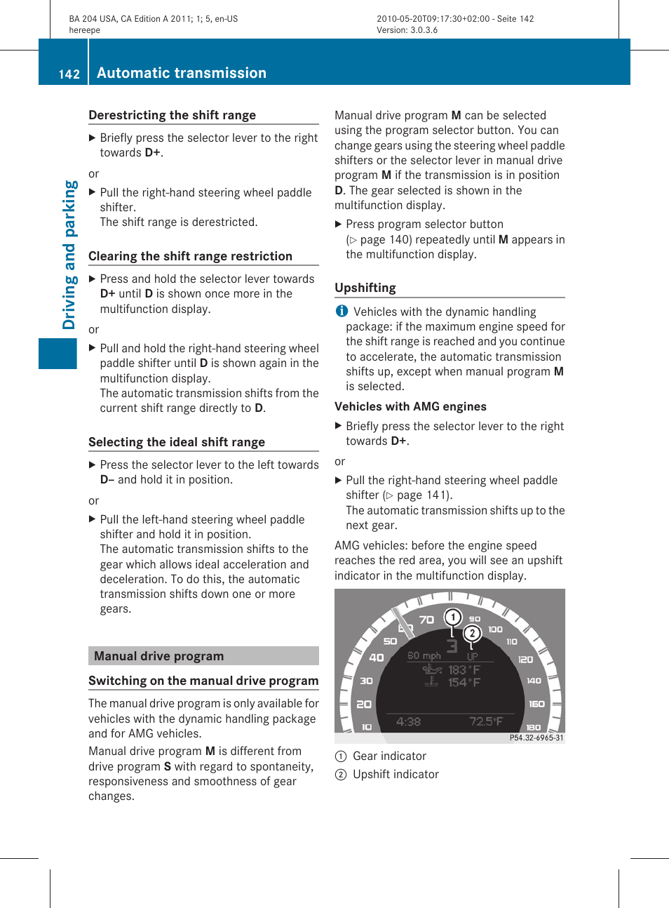 Manual drive program, Driving and parking, Automatic transmission | Mercedes-Benz C-Class 2011 Owners Manual User Manual | Page 144 / 320