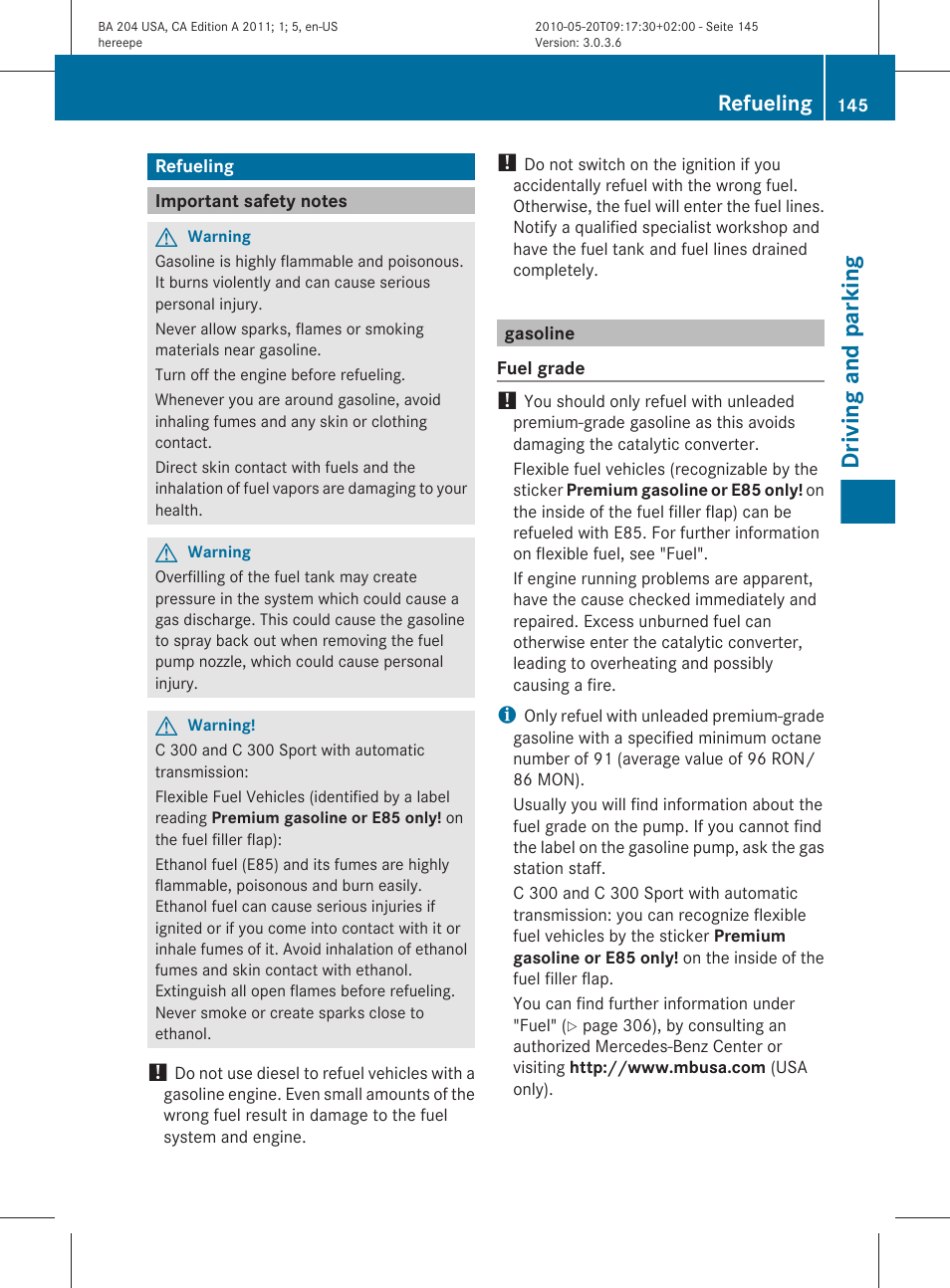 Refueling, Important safety notes, Gasoline | Driving and parking | Mercedes-Benz C-Class 2011 Owners Manual User Manual | Page 147 / 320