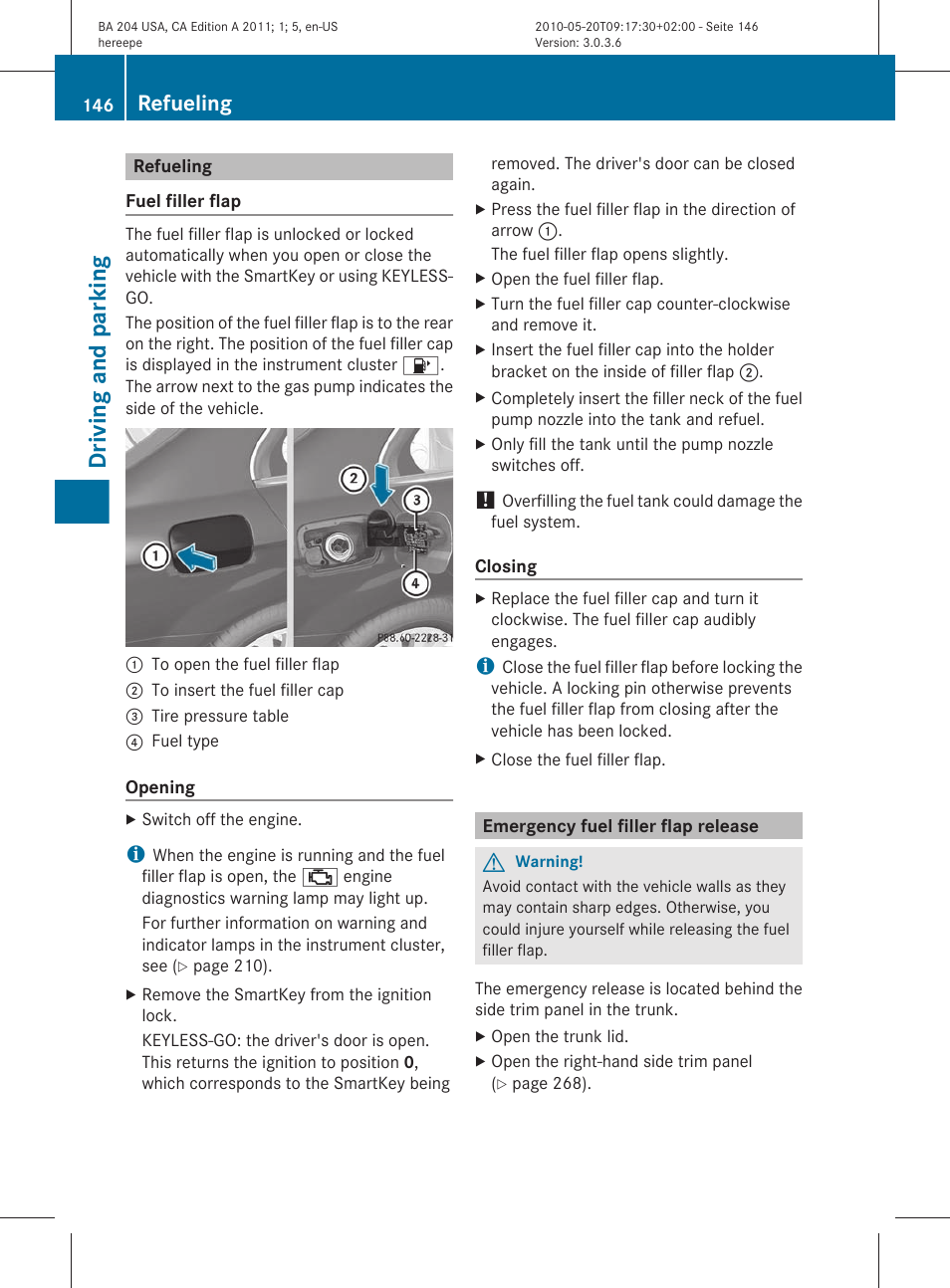 Refueling, Emergency fuel filler flap release, Driving and parking | Mercedes-Benz C-Class 2011 Owners Manual User Manual | Page 148 / 320