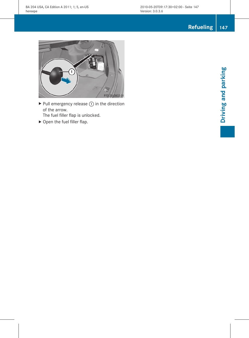 Driving and parking, Refueling | Mercedes-Benz C-Class 2011 Owners Manual User Manual | Page 149 / 320