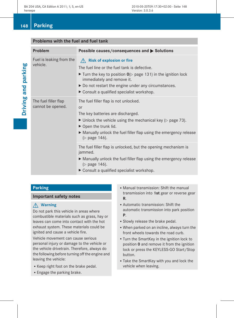 Problems with the fuel and fuel tank, Parking, Important safety notes | Driving and parking | Mercedes-Benz C-Class 2011 Owners Manual User Manual | Page 150 / 320