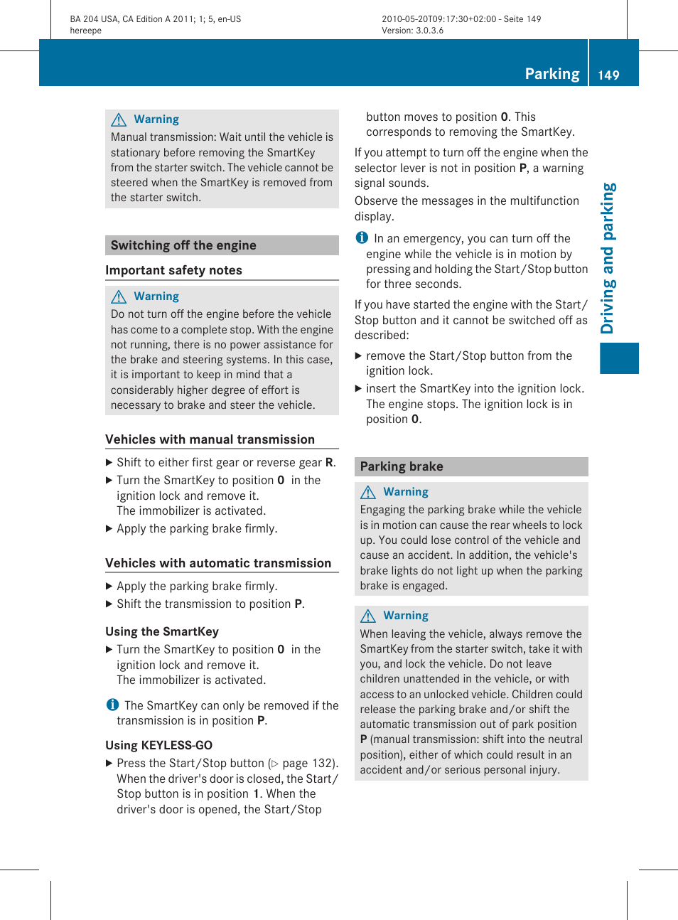 Switching off the engine, Parking brake, Driving and parking | Parking | Mercedes-Benz C-Class 2011 Owners Manual User Manual | Page 151 / 320