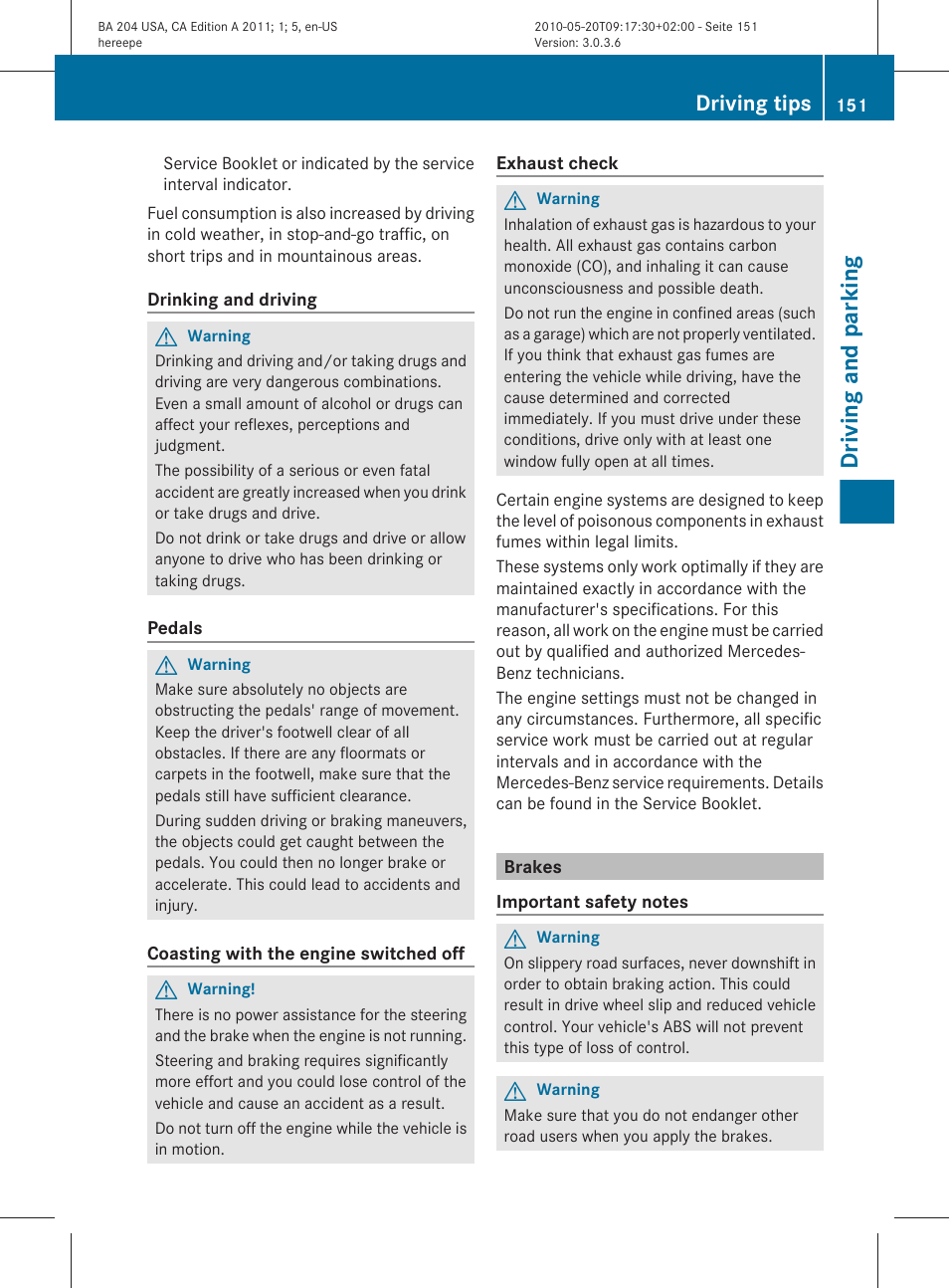 Brakes, Driving and parking, Driving tips | Mercedes-Benz C-Class 2011 Owners Manual User Manual | Page 153 / 320